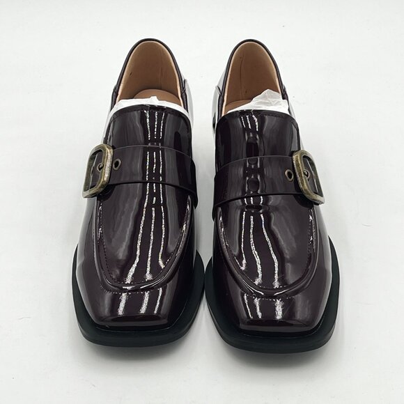 Brown Women Low Platfrom Square Toe Penny Chunky Low Heel Buckle Strap Loafers - Picture 3 of 5